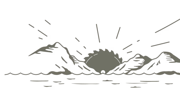 Illustration of a buzz saw appearing behind mountains
